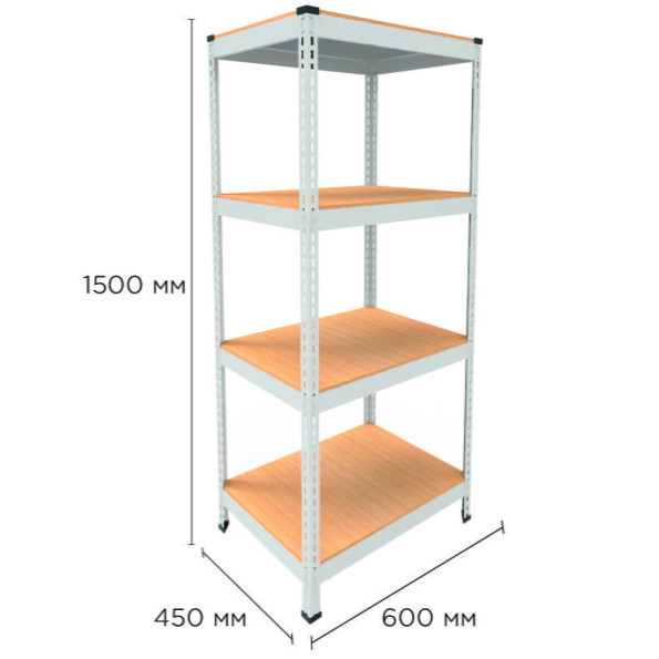 Стеллаж металлический 150х60х45 см БЕЛЫЙ 4 полки из ДСП EM-Pro для дома, гаража, инструментов