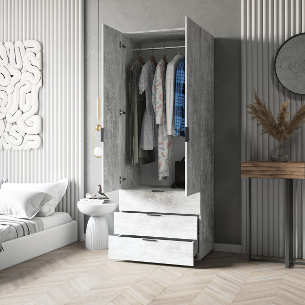 Современный шкаф со штангой и ящиками Бетон, 206.5х70х50 см