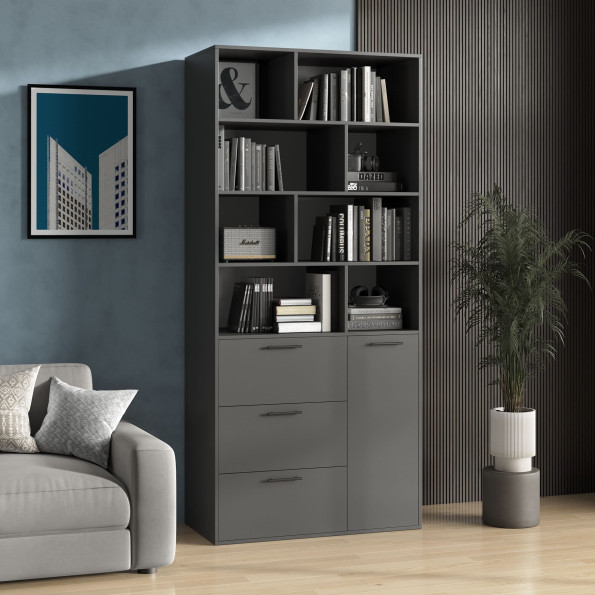 Современный стеллаж с ящиками и дверкой Антрацит