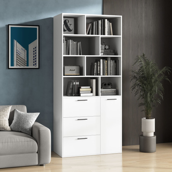 Современный стеллаж с ящиками и дверкой Белый