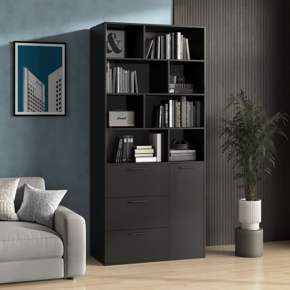 Современный стеллаж с ящиками и дверкой Черный