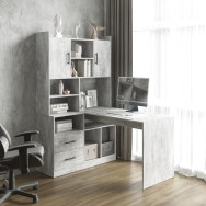 Компьютерный угловой стол со стеллажом Бетон