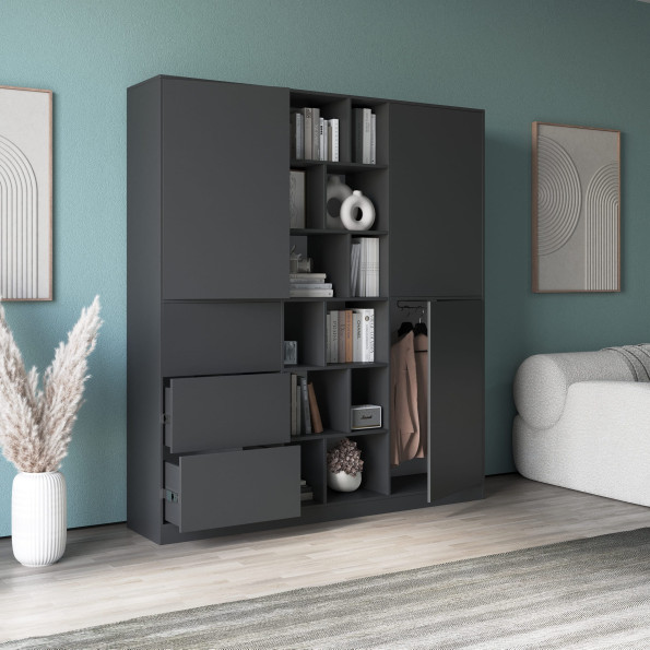 Современный распашной шкаф с полочками и ящиками Антрацит