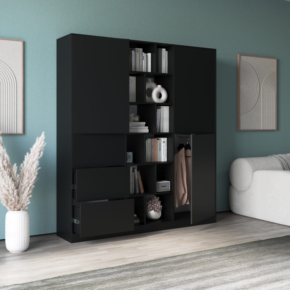 Современный распашной шкаф с полочками и ящиками Черный