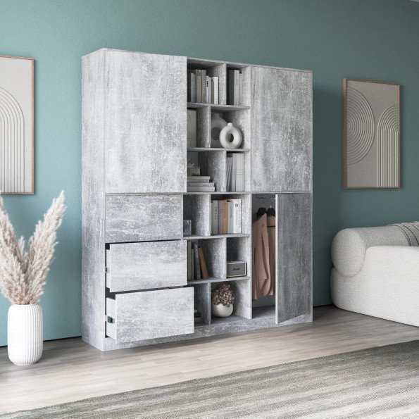 Современный распашной шкаф с полочками и ящиками Бетон