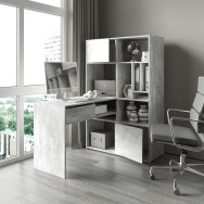 Кутовий комп'ютерний стіл із шухлядами та стелажем Бетон