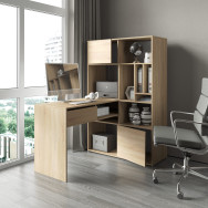 Кутовий комп'ютерний стіл із шухлядами та стелажем Дуб Сонома