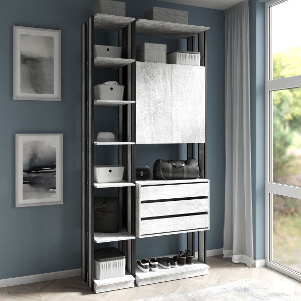 Гардеробный шкаф в стиле Лофт с полками и ящиками Бетон