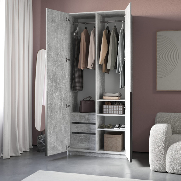 Современный шкаф со штангами и встроенной тумбой Бетон, 234.5х80х50 см