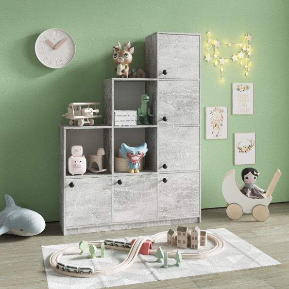 Книжный шкаф на 9 ячеек с дверцами Бетон