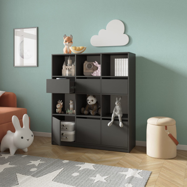 Стеллаж в детскую комнату с ящиками и дверками Антрацит