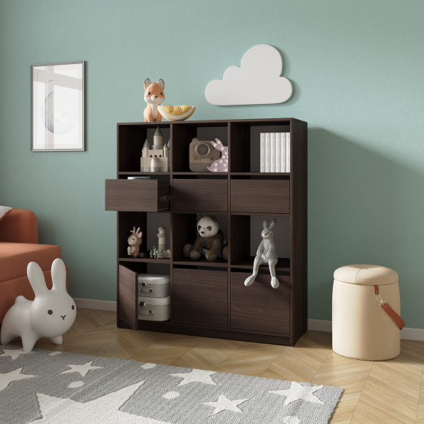 Стеллаж в детскую комнату с ящиками и дверками Венге