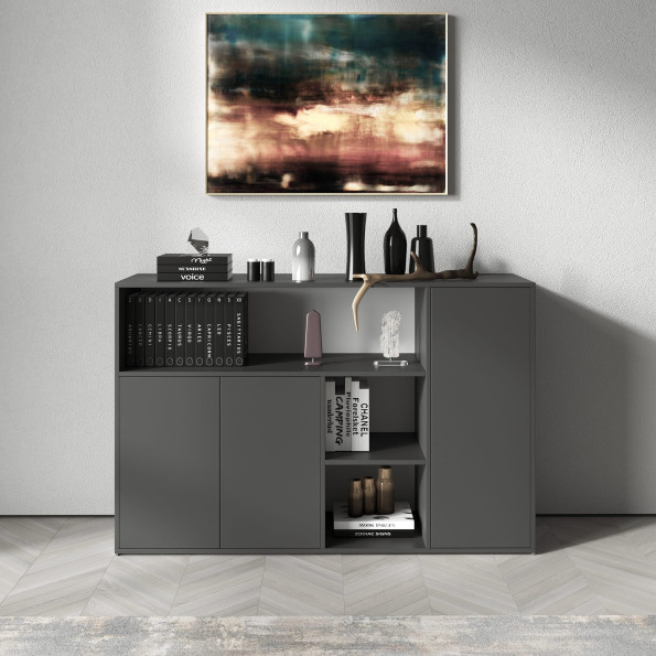 Современный комод с отрытыми полками и дверками Антрацит