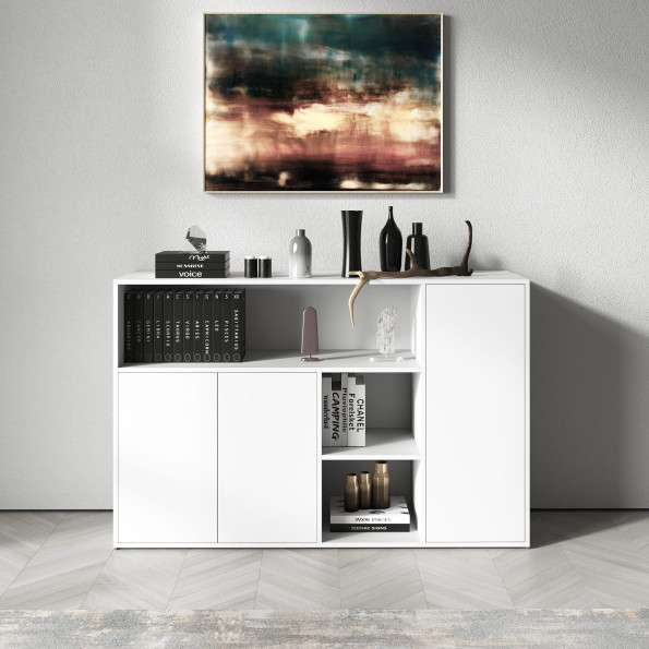 Современный комод с отрытыми полками и дверками Белый