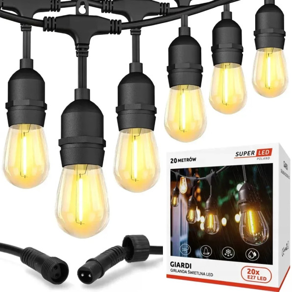 Садовая гирлянда 20м с 20 LED-лампами E27 — наружное декоративное освещение с возможностью соединения