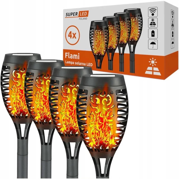Солнечная садовая LED лампа факел Flami SuperLED с эффектом пламени, набор 4шт