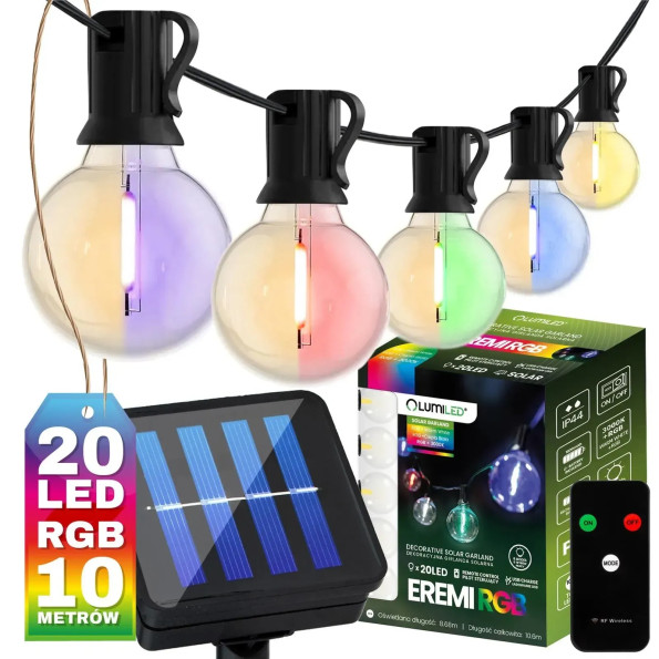 Солнечная RGB-гирлянда, 20 лампочек, 10,6 м, RGB + тёплый белый, пульт ДУ, Lumiled Eremi