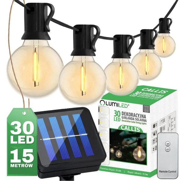 Сонячна гірлянда 30 LED-ліхтариків з пультом, зарядка USB, довжина 15м, Lumiled CALLIS