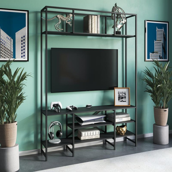 Тумба под телевизор в стиле ЛОФТ с полками из ЛДСП 140х210х40 см Черный Тумба под телевизор в стиле ЛОФТ с полками из ЛДСП 140х210х40 см Черный