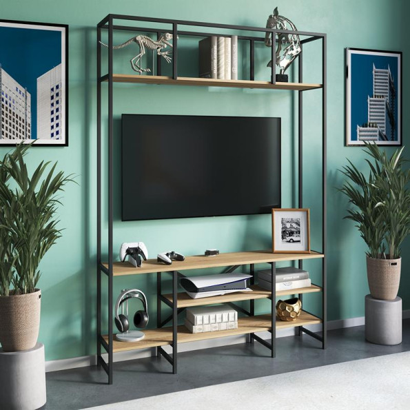 Тумба под телевизор в стиле ЛОФТ с полками из ЛДСП 140х210х40 см Дуб Сонома Тумба под телевизор в стиле ЛОФТ с полками из ЛДСП 140х210х40 см Дуб Сонома