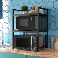 Кухонная подставка для микроволновки и бытовой техники на две полочки из металла и ЛДСП черная Кухонная подставка для микроволновки и бытовой техники на две полочки из металла и ЛДСП черная