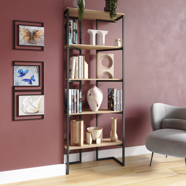 Книжный стеллаж в стиле ЛОФТ для дома и офиса на 4 полочки из металла и ЛДСП дуб сонома