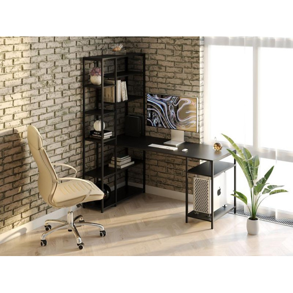 Кутовий комп'ютерний стіл зі стелажем з ЛДСП 140х75х90 см чорний -
                                                        Фото 2