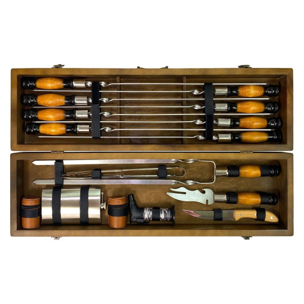 Набор ручной работы 8 шампуров, вилка и щипцы для мяса в деревянном кейсе -
                                                        Фото 5
