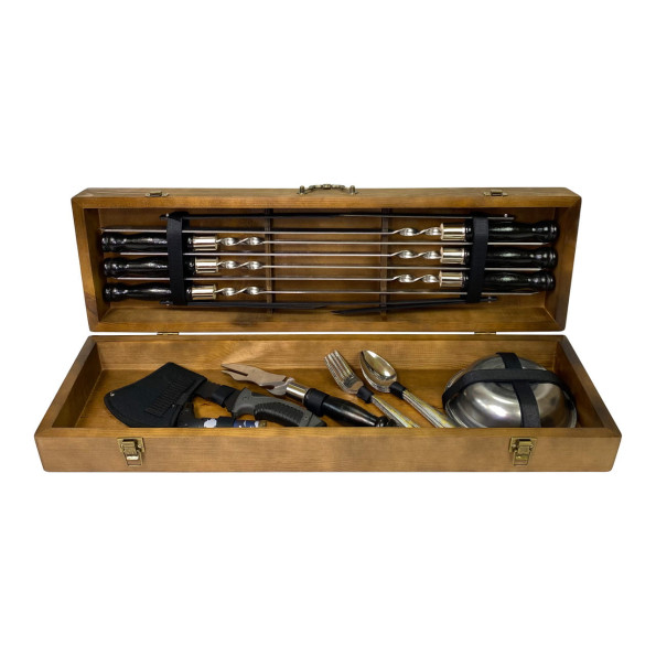 Набор ручной работы из 6 шампуров посудой и топором в кейсе из дерева -
                                                        Фото 5