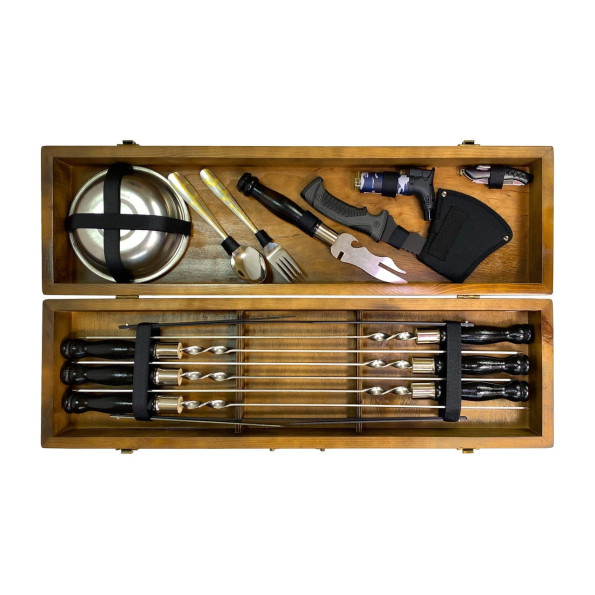 Набор ручной работы из 6 шампуров посудой и топором в кейсе из дерева -
                                                        Фото 6
