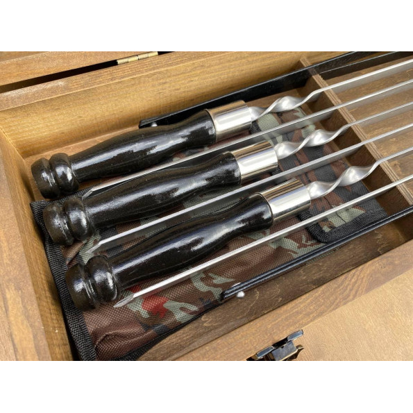 Набор ручной работы 6 шампуров с деревянной ручкой, огниво, лопата в деревянном кейсе -
                                                        Фото 4