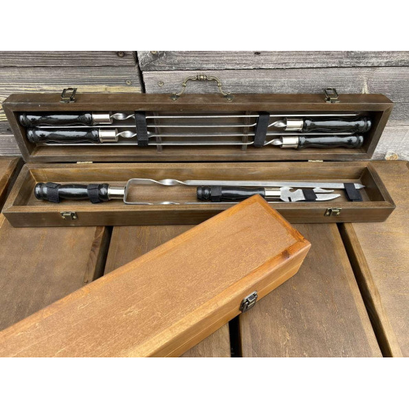 Набор ручной работы 4 шампура и вилка для снятия мяса в деревянном кейсе -
                                                        Фото 4