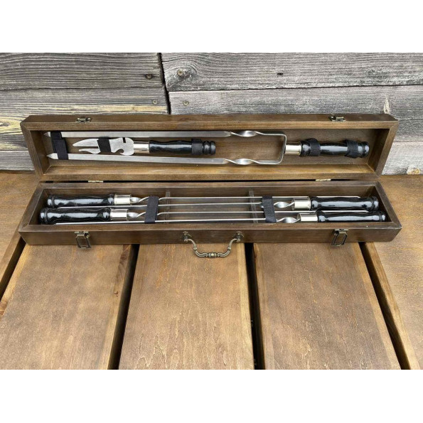 Набор ручной работы 4 шампура и вилка для снятия мяса в деревянном кейсе -
                                                        Фото 5