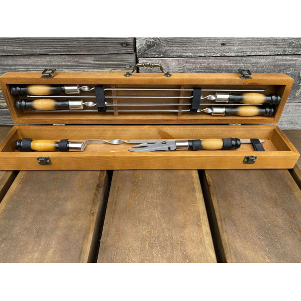 Набор ручной работы 4 шампура и вилка для снятия мяса в деревянном кейсе -
                                                        Фото 7