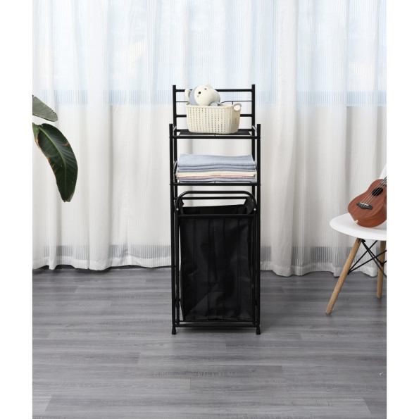 Стеллаж с двумя полками и откидной корзиной для белья черный -
                                                        Фото 4