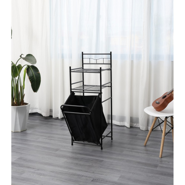 Стеллаж с двумя полками и откидной корзиной для белья черный -
                                                        Фото 2