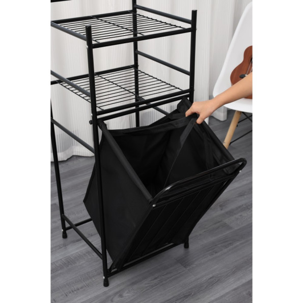 Стеллаж с двумя полками и откидной корзиной для белья черный -
                                                        Фото 3