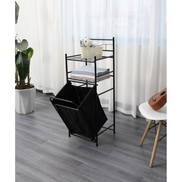 Стеллаж с двумя полками и откидной корзиной для белья черный -
                                                        Фото 5