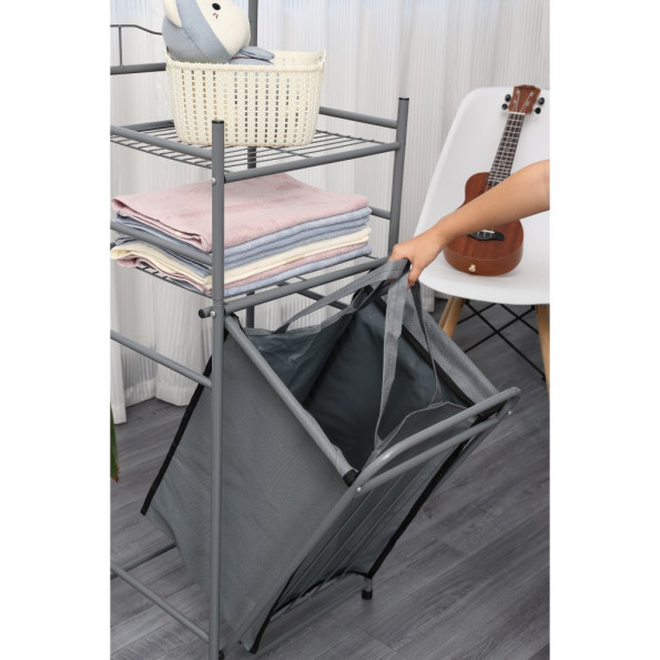 Стеллаж с двумя полками и откидной корзинкой для белья серый -
                                                        Фото 5
