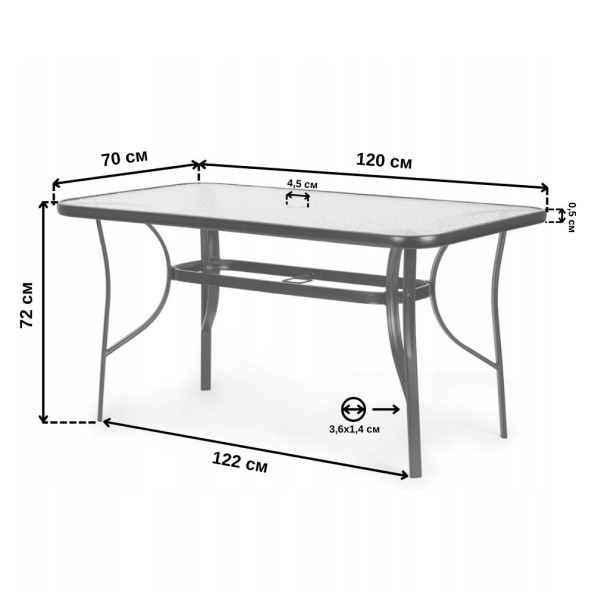 Садовий стіл для тераси з отвором для парасольки чорний  -
                                                        Фото 7
