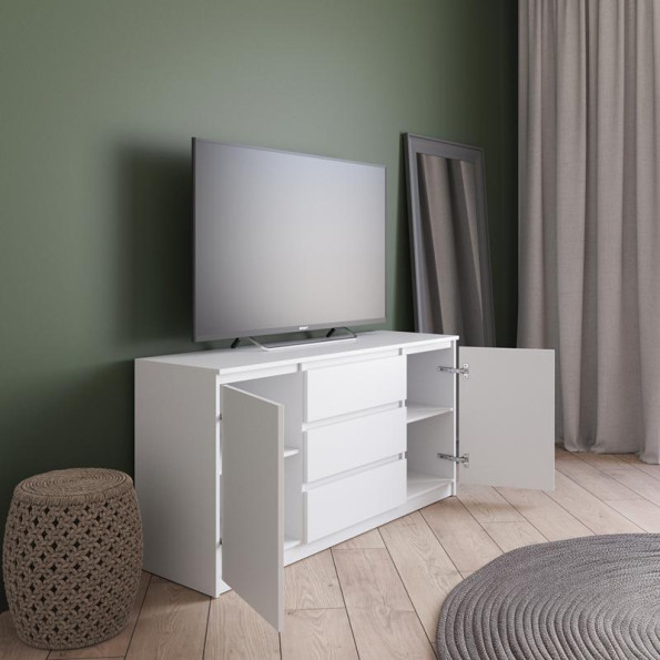 Комод тумба ТВ на 3 выдвижных ящика и две двери c фасадами без ручек антрацит-белые планки -
                                                        Фото 2