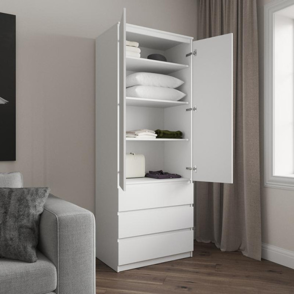 Шафа для одягу з полицями та 3 висувними шухлядами, без ручок бетон-білі планки -
                                                        Фото 2