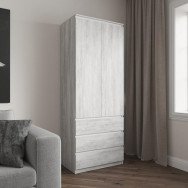 Шкаф для одежды с полками и 3 выдвижными ящиками, без ручек бетон-белые планки Шкаф для одежды с полками и 3 выдвижными ящиками, без ручек бетон-белые планки