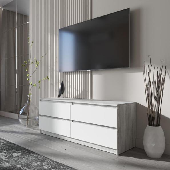 Тумба TV на 4 выдвижных ящика с фасадами без ручек 140.2х53.1х40 см Бетон-Белые фасады
