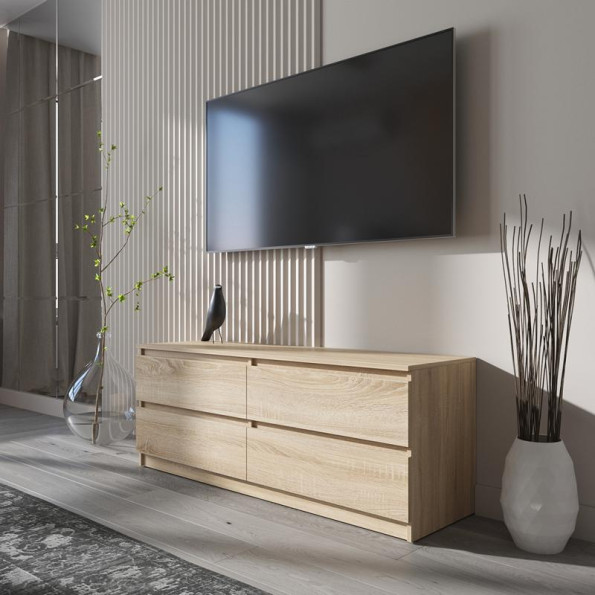 Тумба TV на 4 выдвижных ящика с фасадами без ручек 140.2х53.1х40 см Дуб Сонома