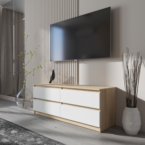 Тумба TV на 4 выдвижных ящика с фасадами без ручек 140.2х53.1х40 см Дуб Сонома-Белые фасады