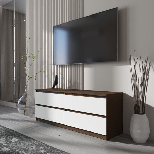 Тумба TV на 4 выдвижных ящика с фасадами без ручек 140.2х53.1х40 см Венге темный-Белые фасады