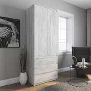 Шкаф для одежды со штангой и 3 выдвижными ящиками, без ручек бетон-белые планки Шкаф для одежды со штангой и 3 выдвижными ящиками, без ручек бетон-белые планки