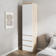 Шафа пенал для одягу з полицями та 3 висувними шухлядами ЛДСП дуб сонома з білими фасадами без ручок Шафа пенал для одягу з полицями та 3 висувними шухлядами ЛДСП дуб сонома з білими фасадами без ручок