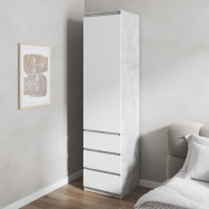 Шкаф пенал для одежды с полками и 3 выдвижными ящиками ЛДСП бетон с белыми фасадами без ручек